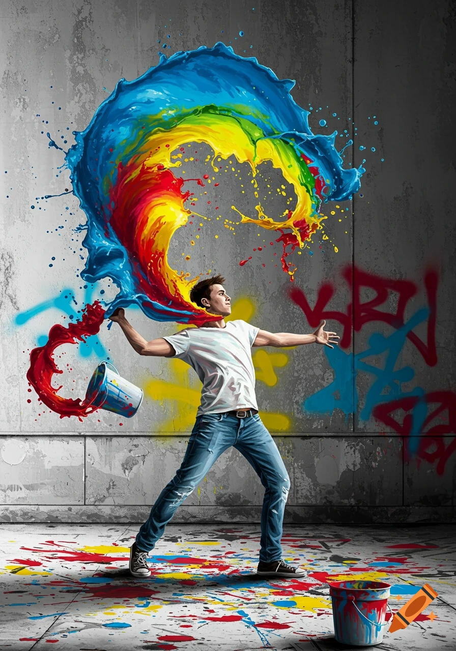 A man throws a bucket of paint, creating a large, vibrant splash of red, yellow, and blue paint against a concrete wall with graffiti.