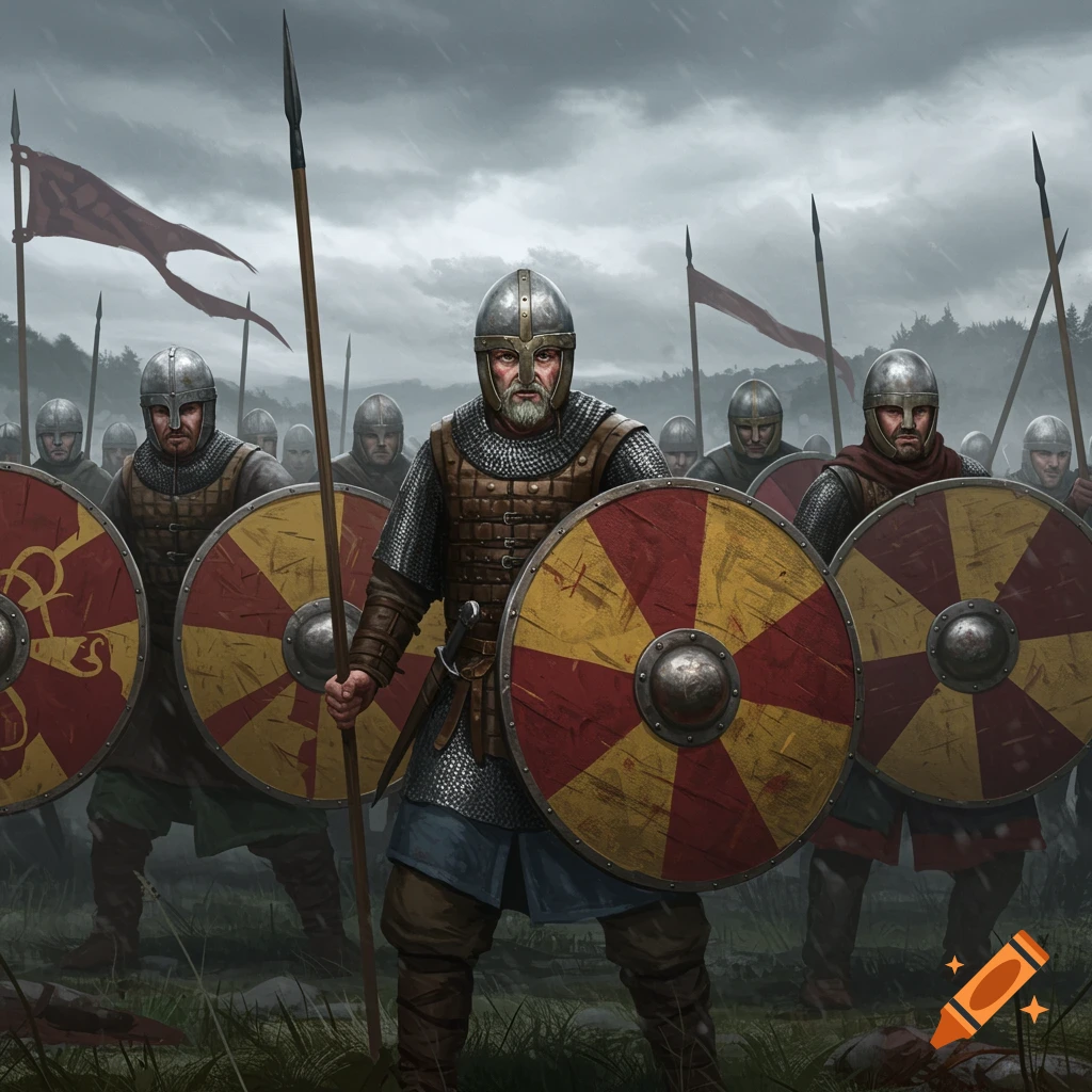 Armored warriors in a shield wall formation, holding spears and round shields on a muddy field under a stormy sky.