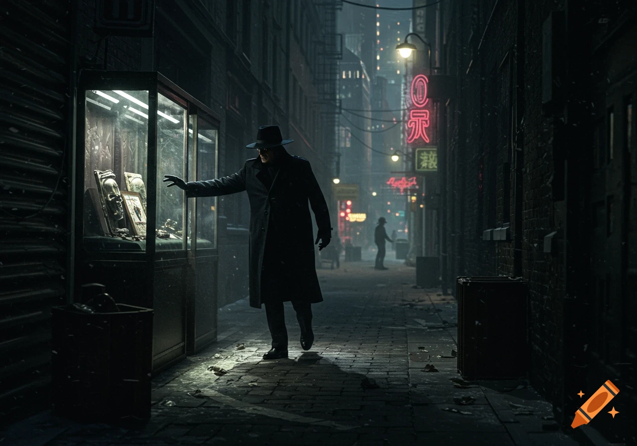 A figure in a trench coat and fedora stands in a dark, wet alleyway at night, looking into a brightly lit display case. Neon signs glow in the distance of the city street.