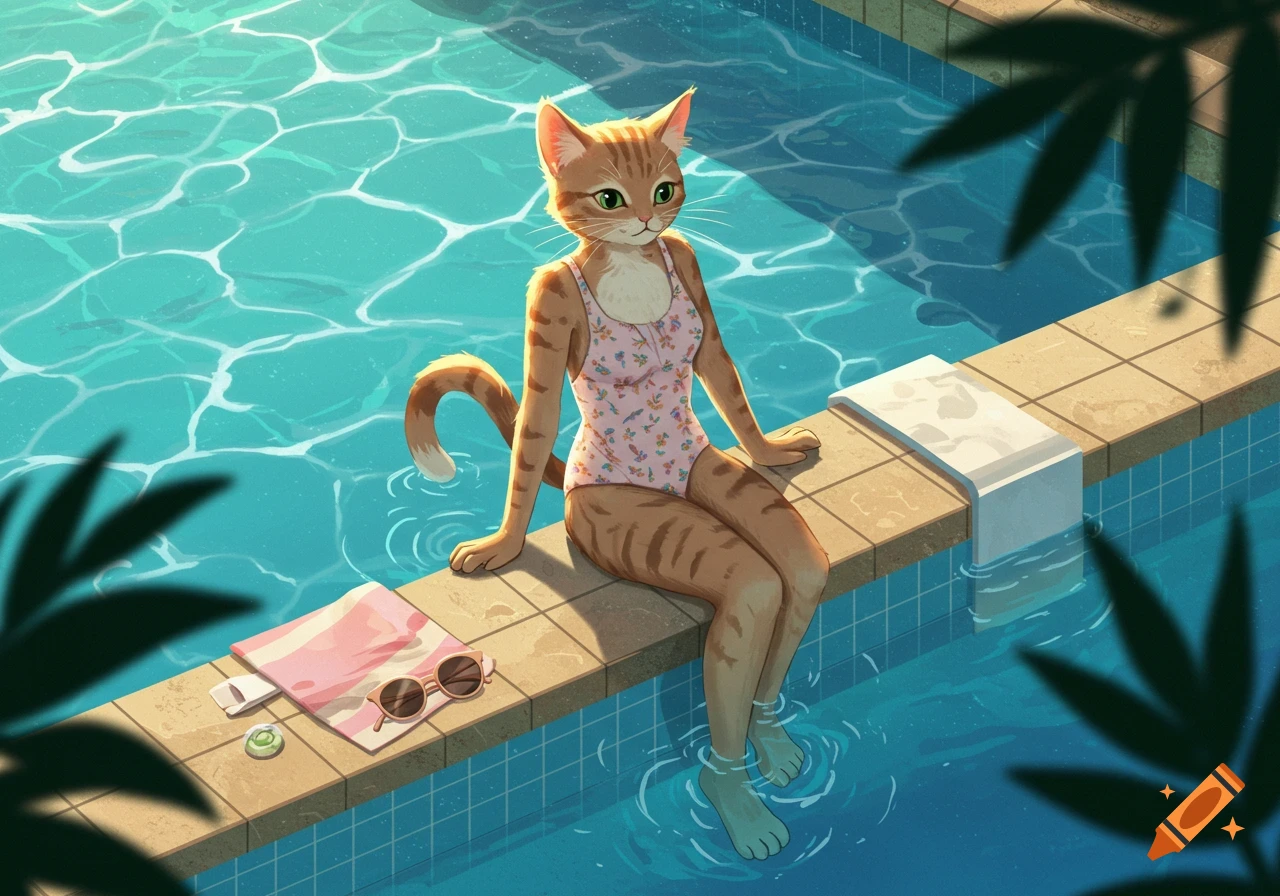 An anthropomorphic cat girl in a pink swimsuit sits by a swimming pool with her feet in the water, a towel and sunglasses beside her.