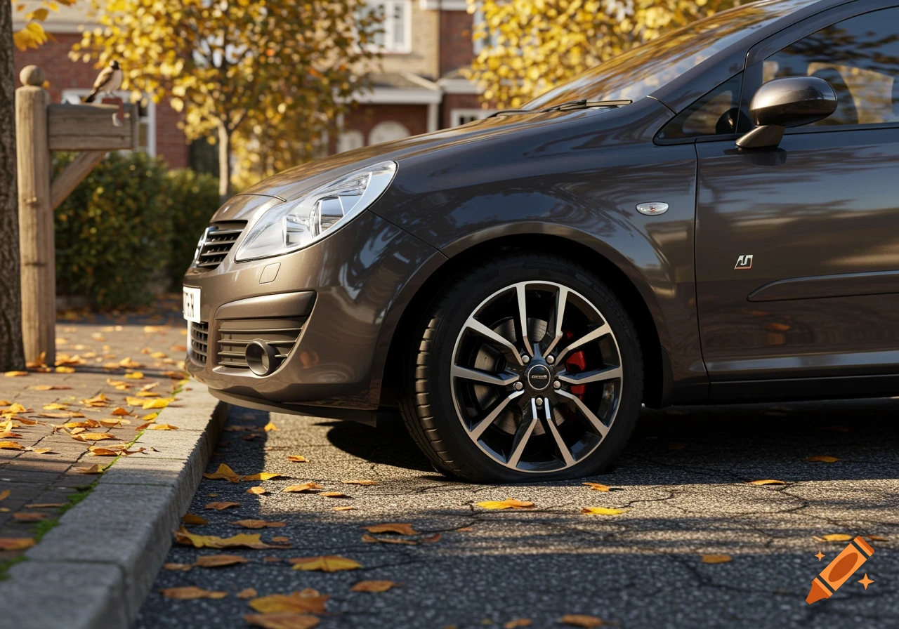 A dark grey car with a flat front tire is parked on a sunlit street littered with autumn leaves.