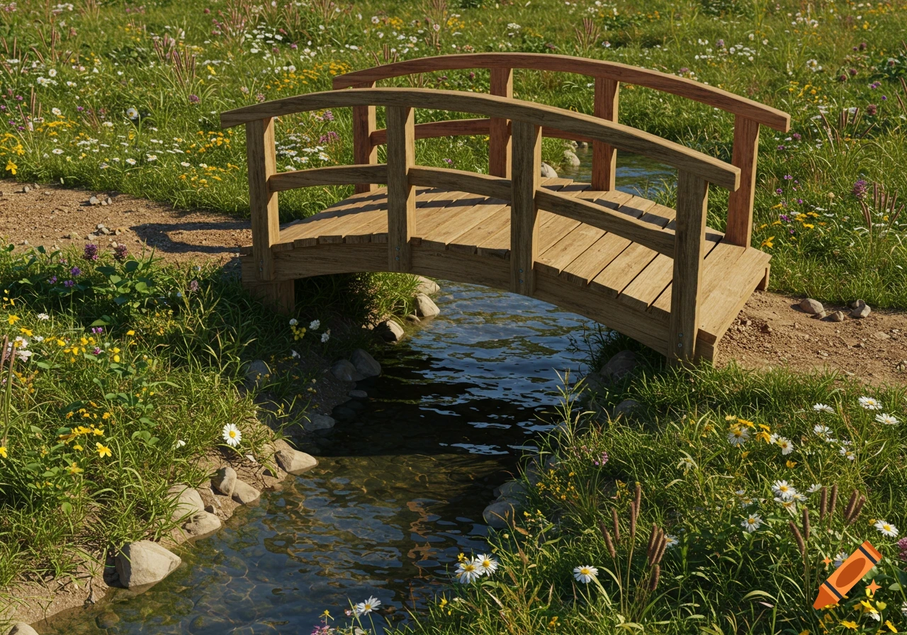 A photorealistic image of a small wooden bridge over a stream in a sunny, wildflower-filled grassy field.