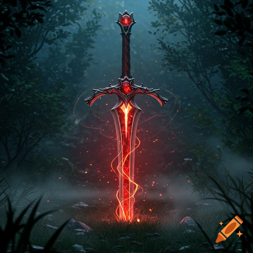 A detailed, glowing red fantasy sword with ruby-like gems on the hilt, stuck in misty ground in a dark forest.
