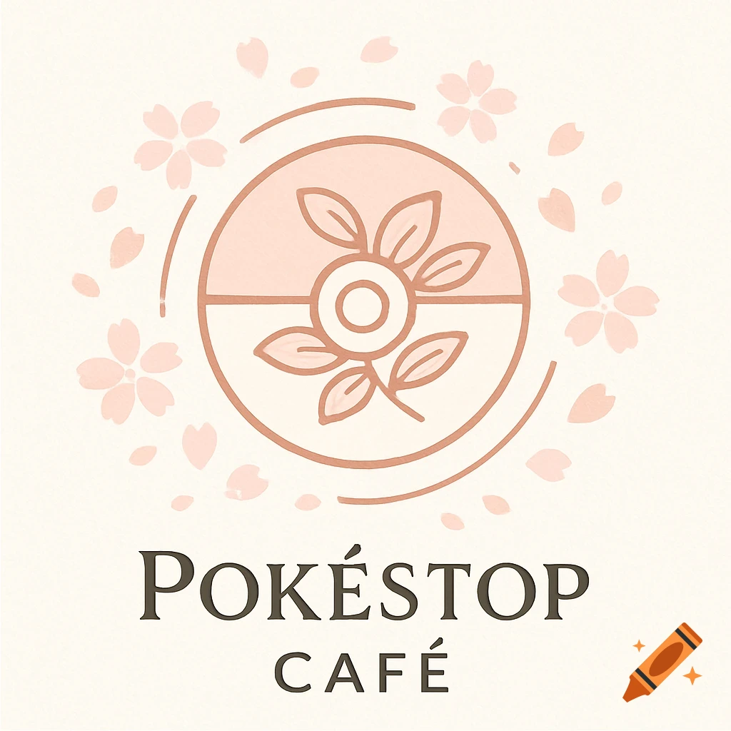 A minimalist logo for "Pokèstop Café" featuring a stylized Poké Ball with leafy tendrils and surrounding cherry blossom petals on a cream background.