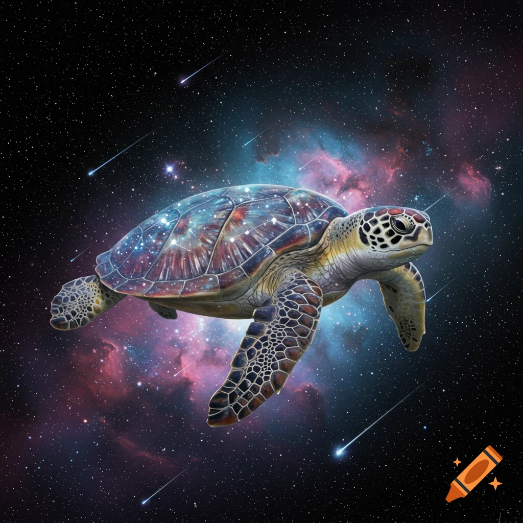 A sea turtle with a galaxy-patterned shell floats in deep space with nebulae and shooting stars.