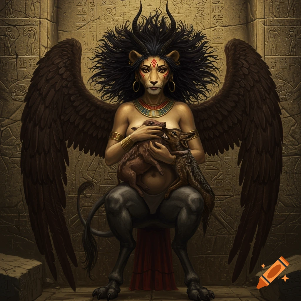 A winged lioness-headed Lamashtu with a human torso and donkey feet holds a wild piglet and jackal against an ancient stone wall.
