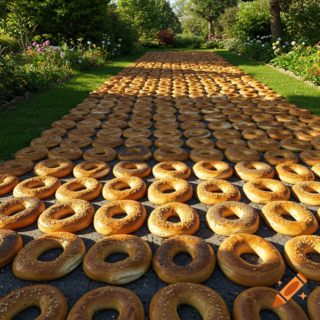 A photorealistic image of a garden path completely paved with rows of various types of bagels, receding into the distance.