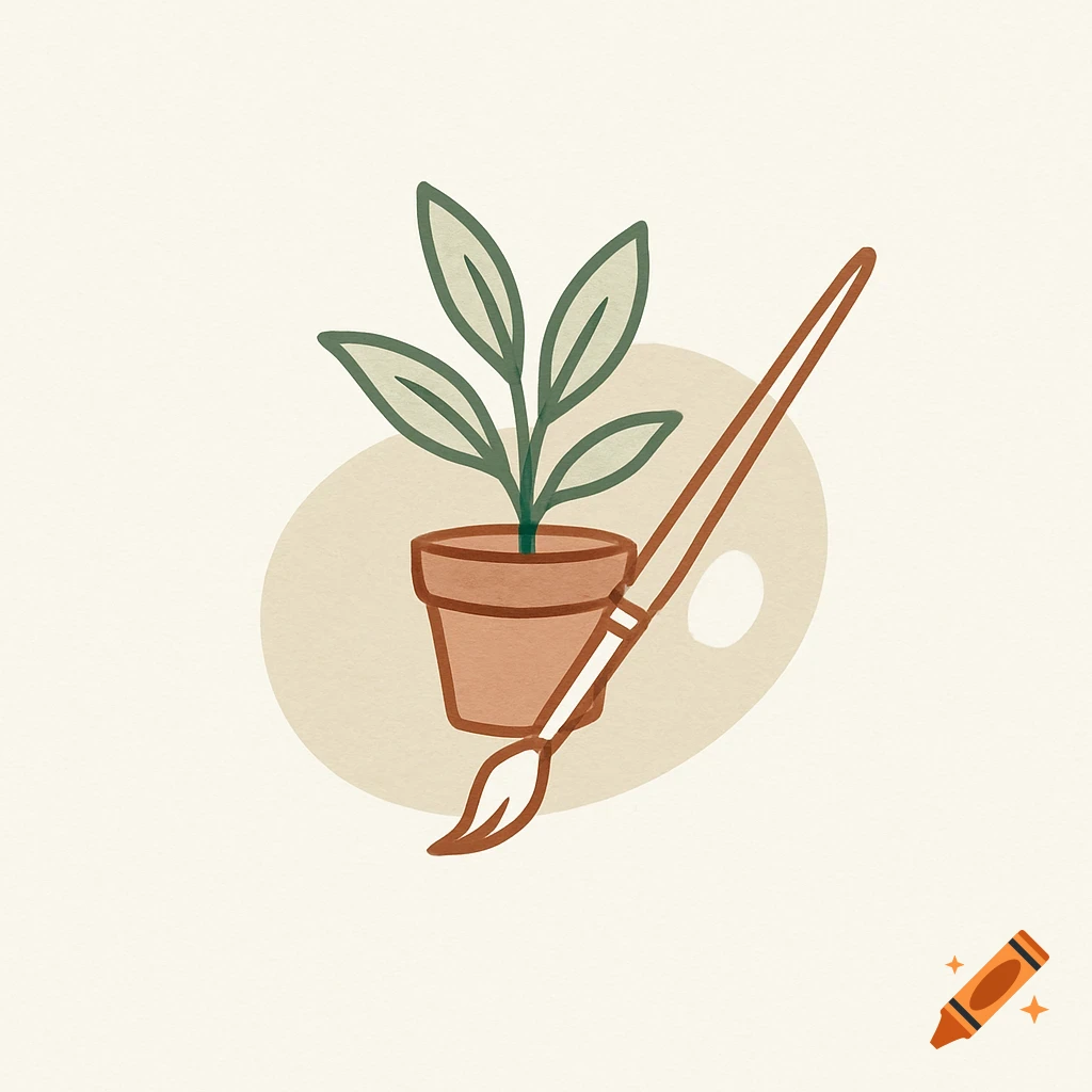 Minimalist logo featuring a potted plant and a paintbrush on a beige background.
