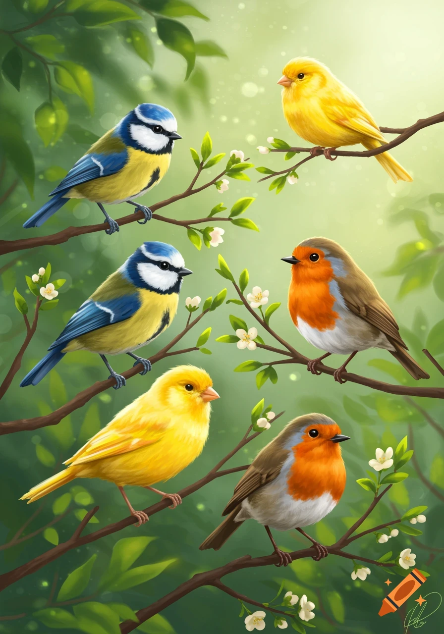Six colorful birds, including blue tits, canaries, and robins, perched on blooming branches with green leaves. Illustrated in a bright, painterly style.
