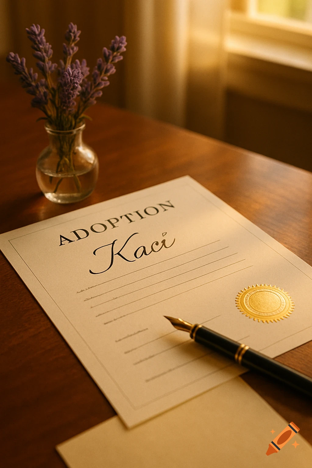 Close-up of adoption papers with the name Kaci and a fountain pen on a wooden desk, next to a small vase of lavender flowers.