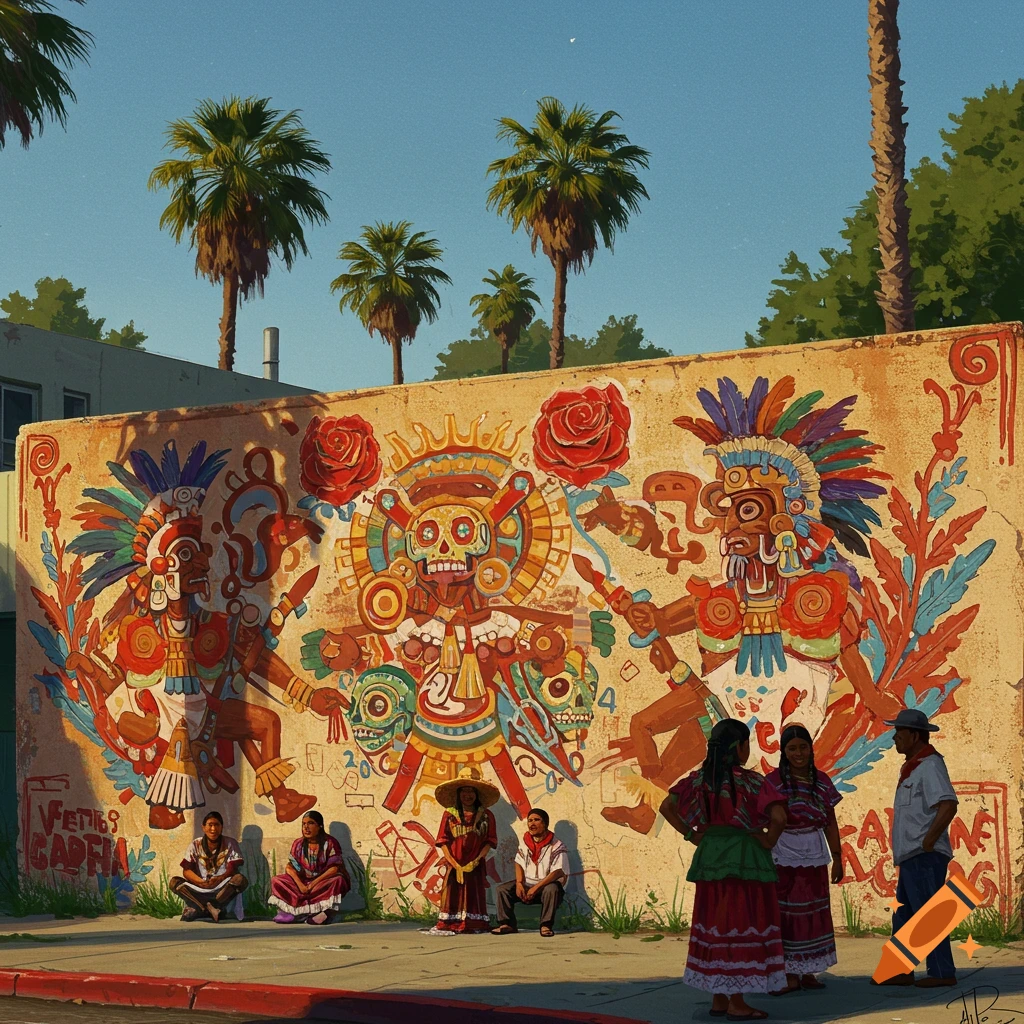 Vibrant Chicano-style mural on a sunlit wall, depicting colorful Aztec-like figures, with people and palm trees.