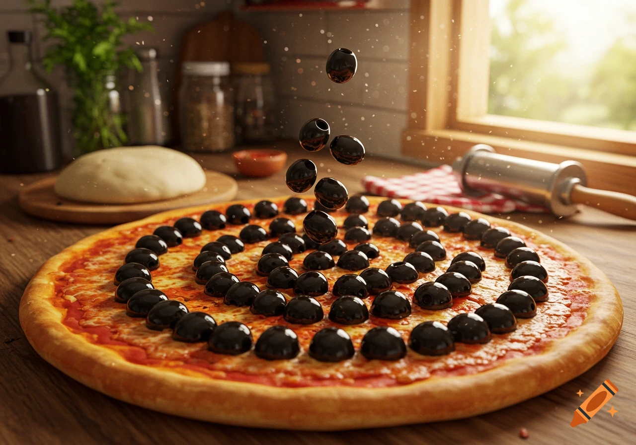 Photorealistic image of a pizza being topped with many black olives in a sunny kitchen.
