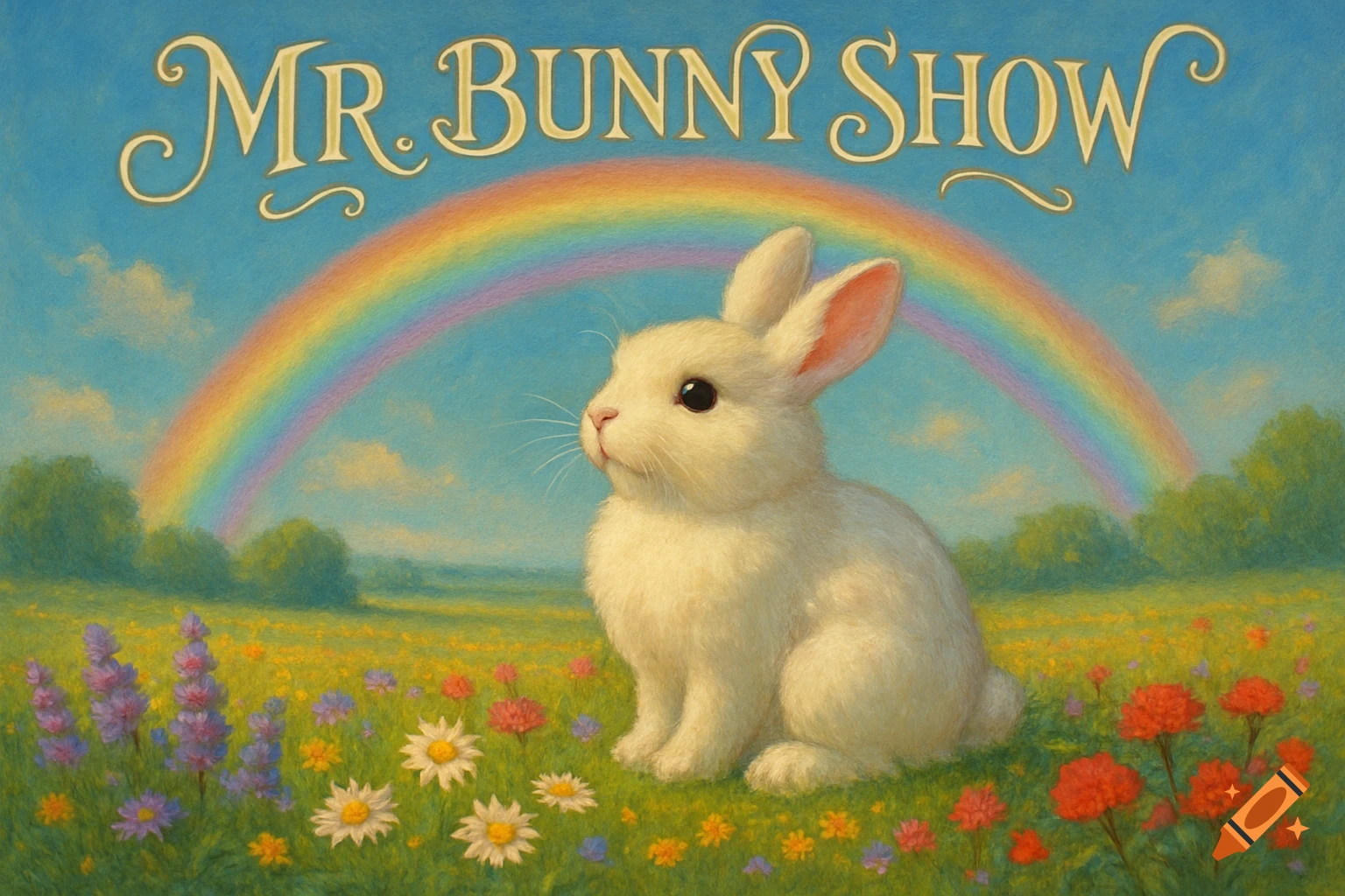 A white bunny sits in a vibrant wildflower field under a rainbow, with the text 'MR. BUNNY SHOW' above, in a painterly style.