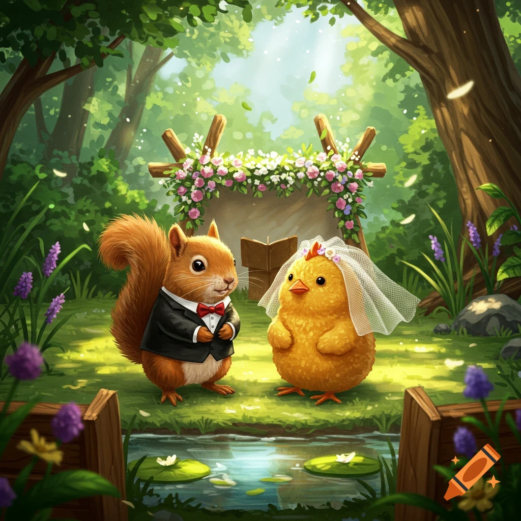 A cartoon squirrel groom and chicken chick bride stand by a floral wedding arch in a lush forest, with a small pond in the foreground.