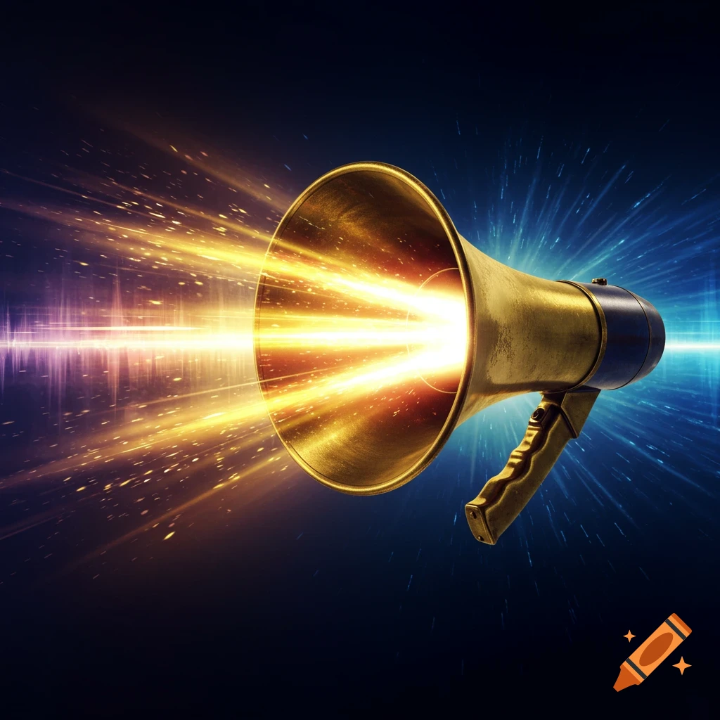 A golden megaphone emits bright, energetic golden light rays and particles into a dark, blue and purple background with sound wave patterns.