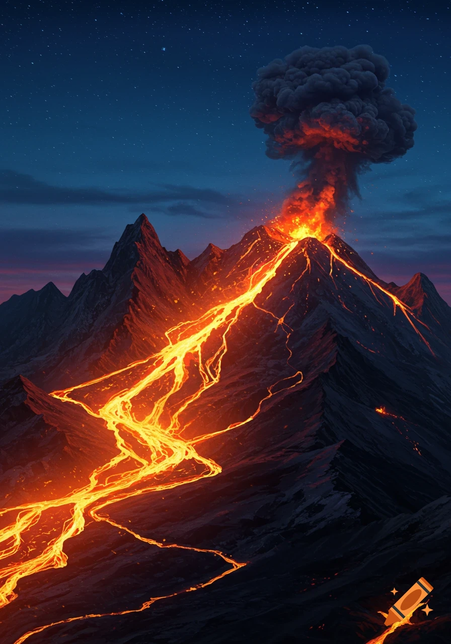 A dramatic night scene of a volcano erupting, with bright orange lava flowing down dark mountains under a starry sky and a large smoke plume.