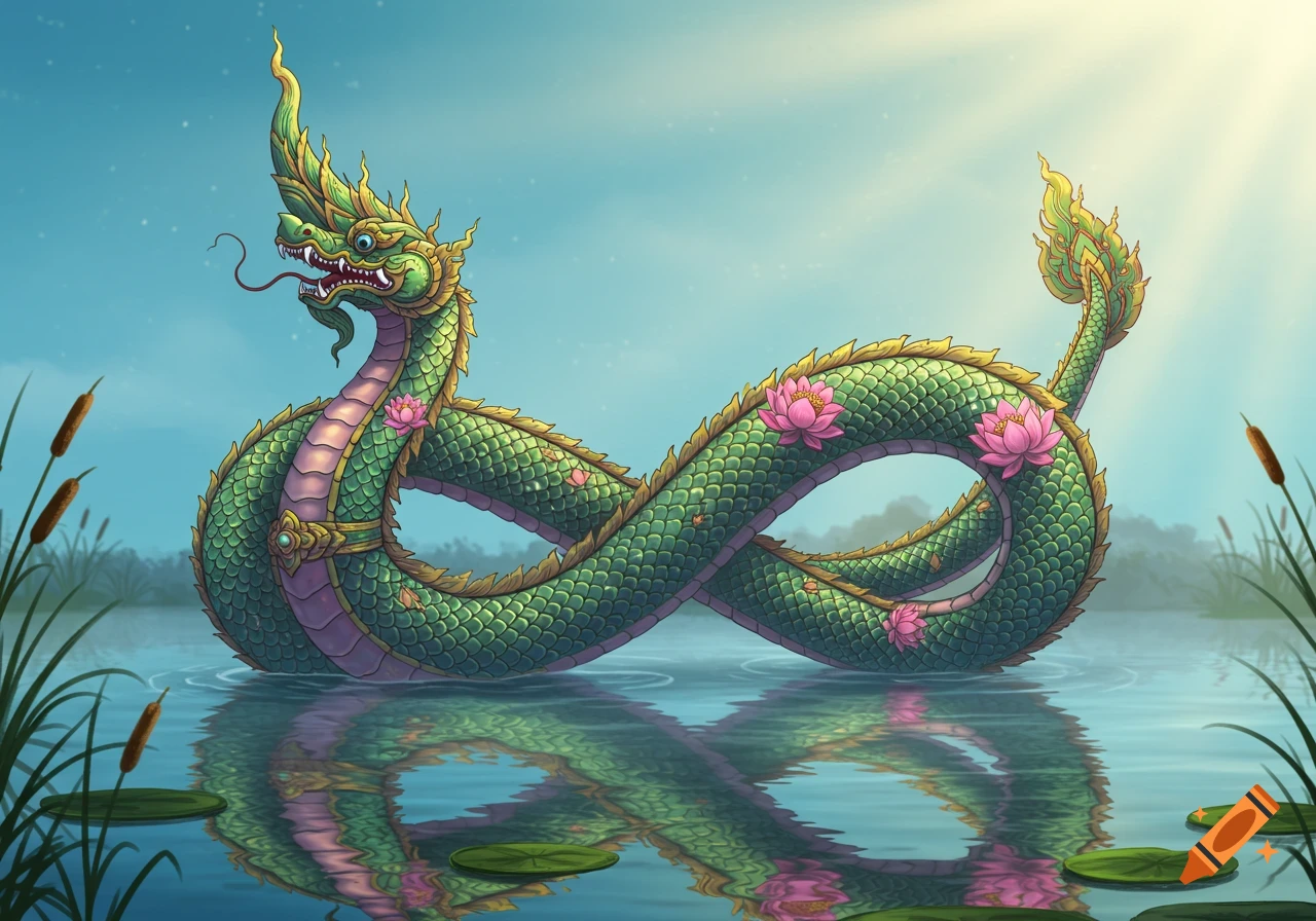 A majestic green and gold mythical Naga serpent adorned with pink lotus flowers, coiling in tranquil water with reflections.