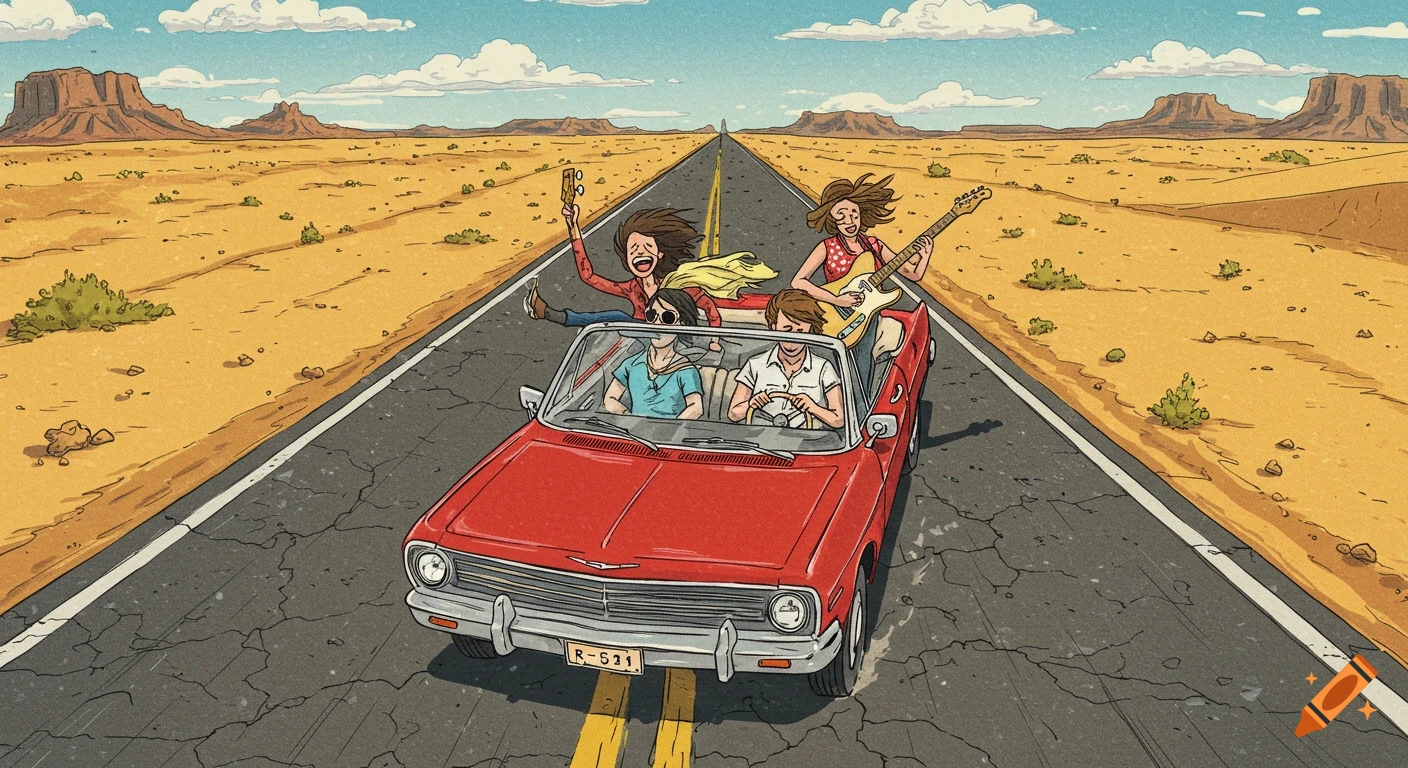Crayon style illustration of four musicians in a red convertible driving down a desert highway.