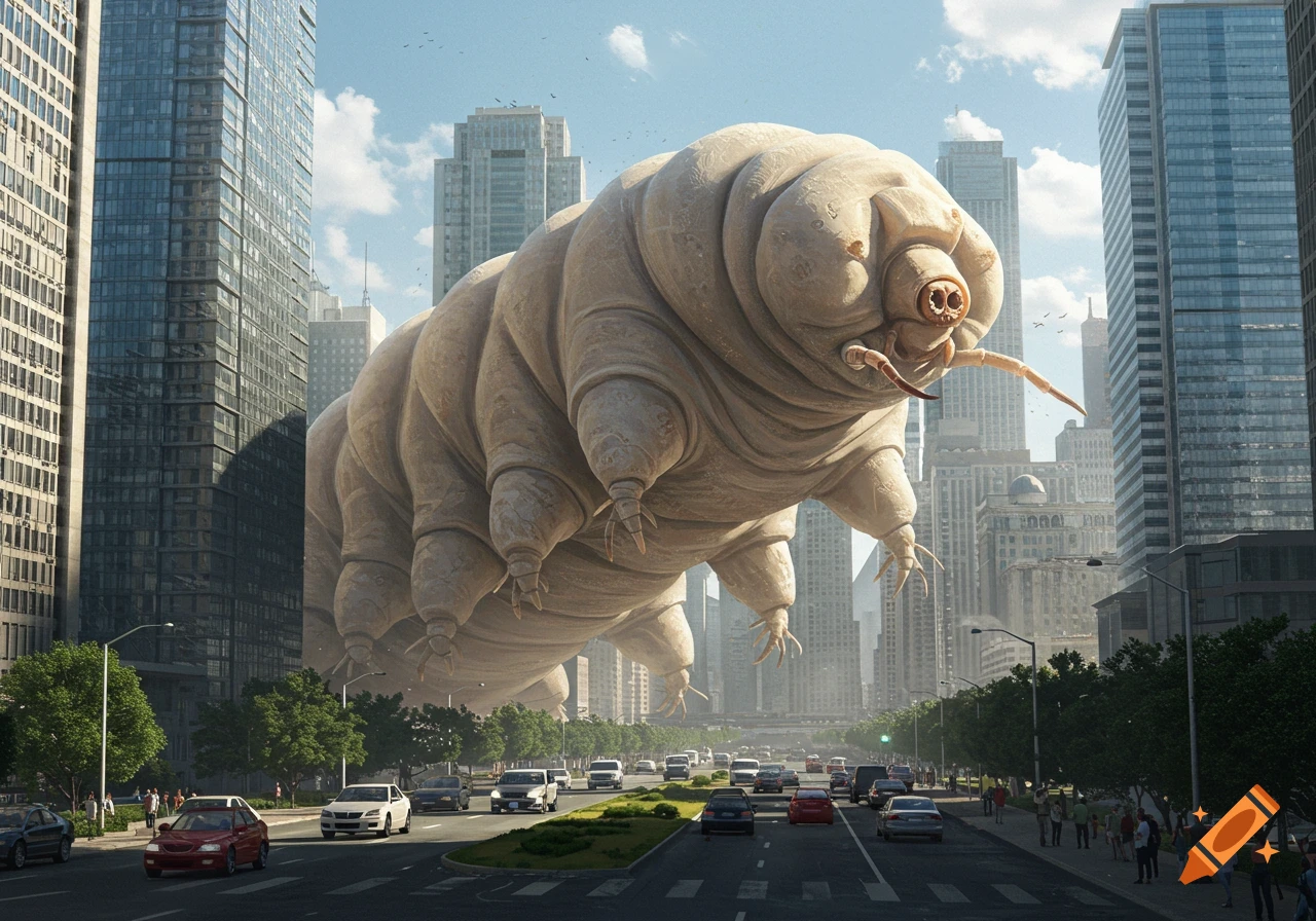 A colossal photorealistic tardigrade towers over a bustling city street filled with cars and skyscrapers.