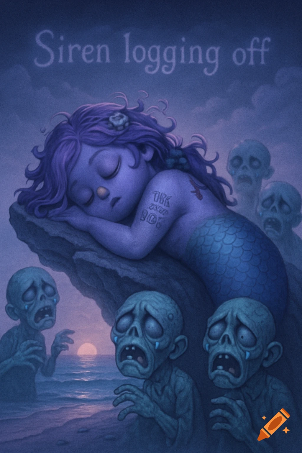A stylized dark fantasy illustration of a sleeping mermaid on a rock with crying zombies in the ocean at sunset, with text 'Siren logging off'.