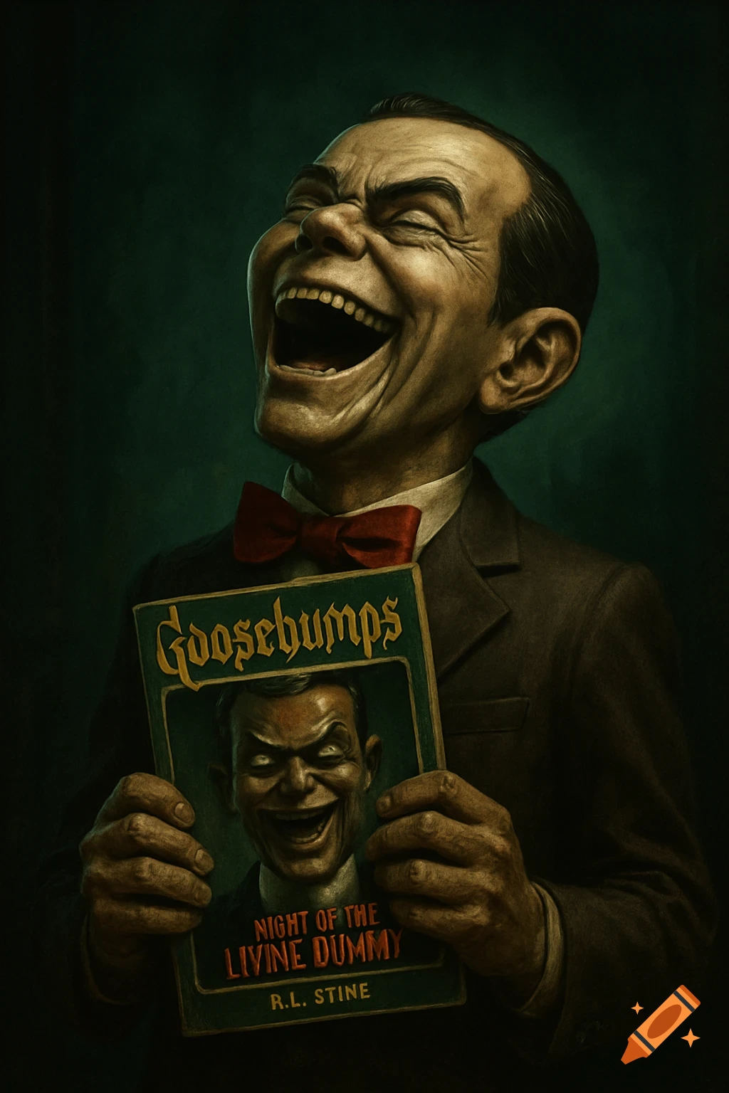 A creepy dummy with his head thrown back laughing maniacally, holding a Goosebumps book titled 'Night of the Living Dummy'.