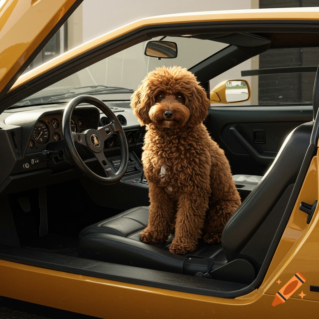 A fluffy brown poodle sits in the passenger seat of a yellow Lamborghini Countach.