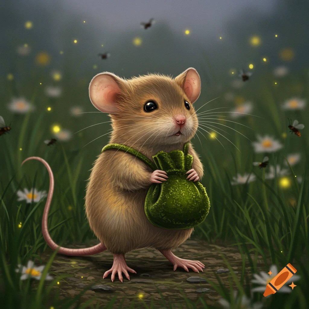 A cute brown mouse with a green satchel stands in a field of grass and white flowers, surrounded by glowing fireflies.