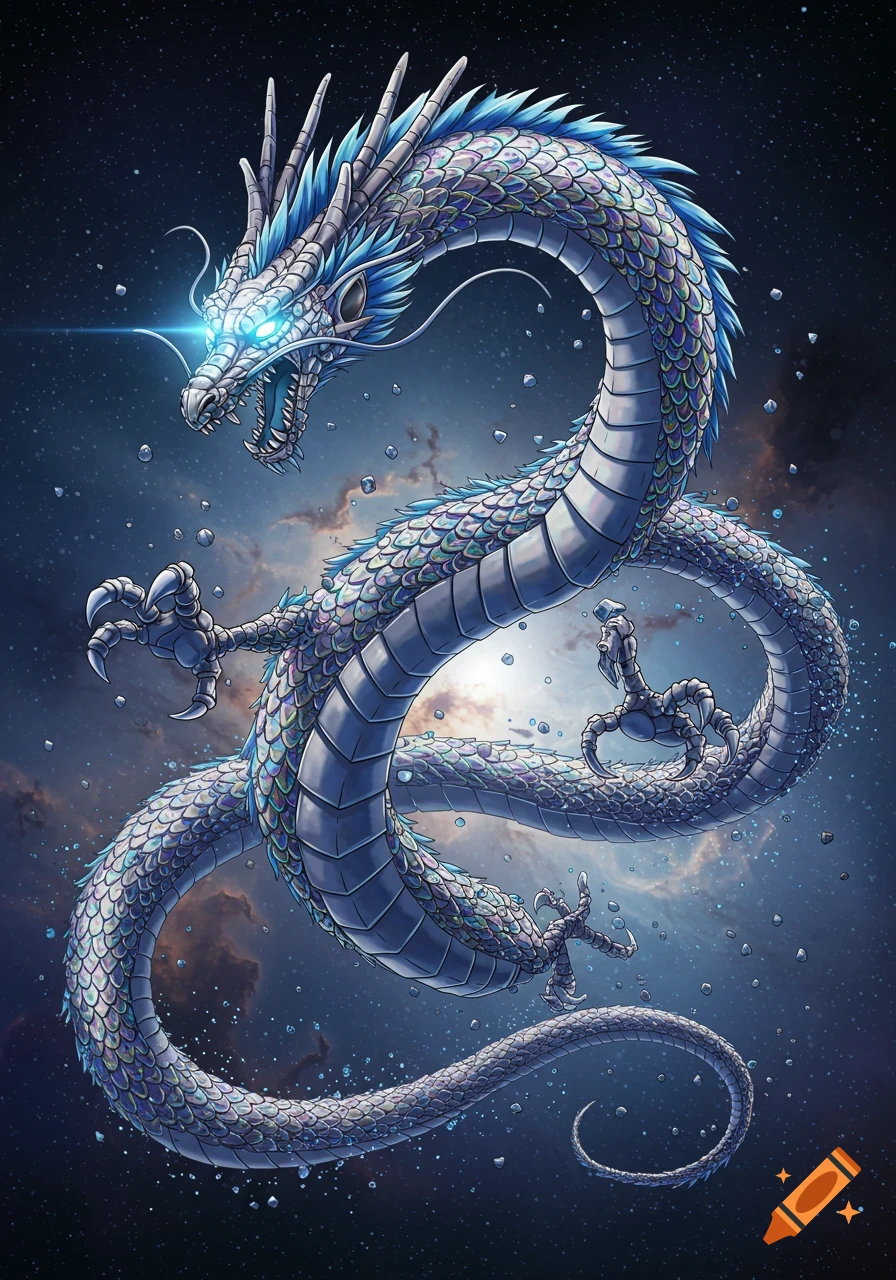 Stylized blue and white dragon with glowing eyes in space, anime art.