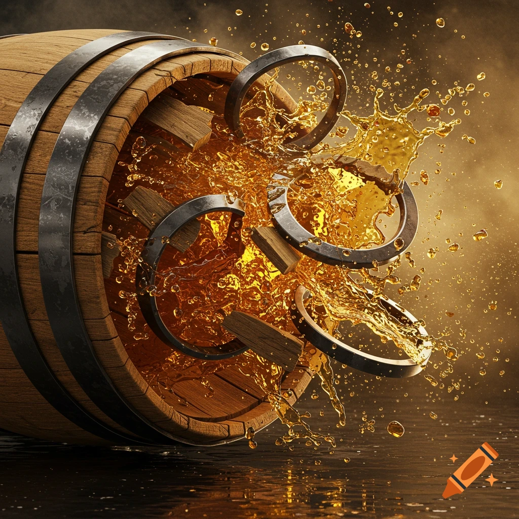 A wooden whiskey barrel bursts open, spraying golden liquid and metal bands in a photorealistic style.