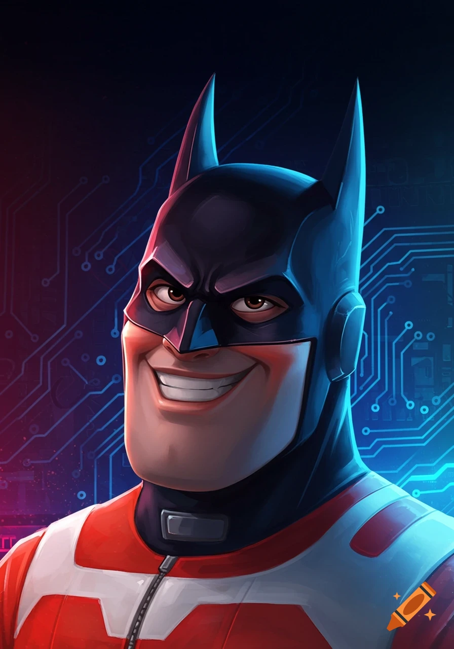 Cartoon portrait of a smiling character resembling Turbo from Wreck-It Ralph wearing a Batman cowl, with a circuit board background.