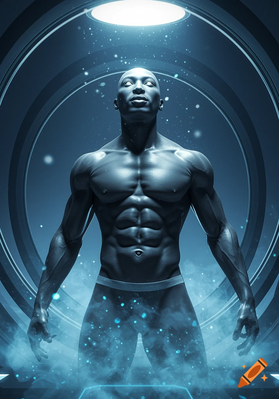 A muscled bald man with glowing eyes in a futuristic, blue-lit circular chamber with floating particles.
