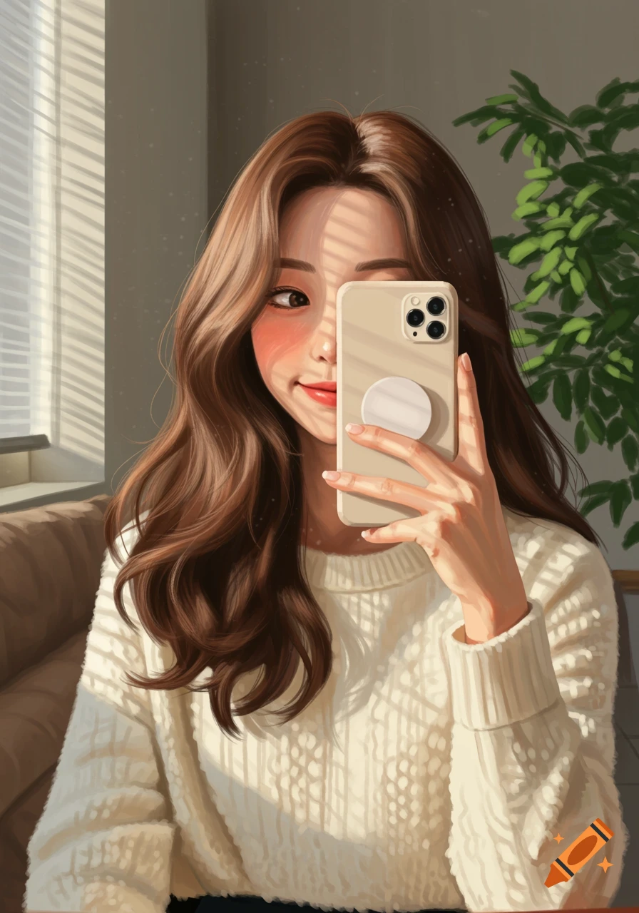 A young woman with long brown hair taking a selfie, her face partially obscured by the phone, smiling gently in soft window light in a digital art style.