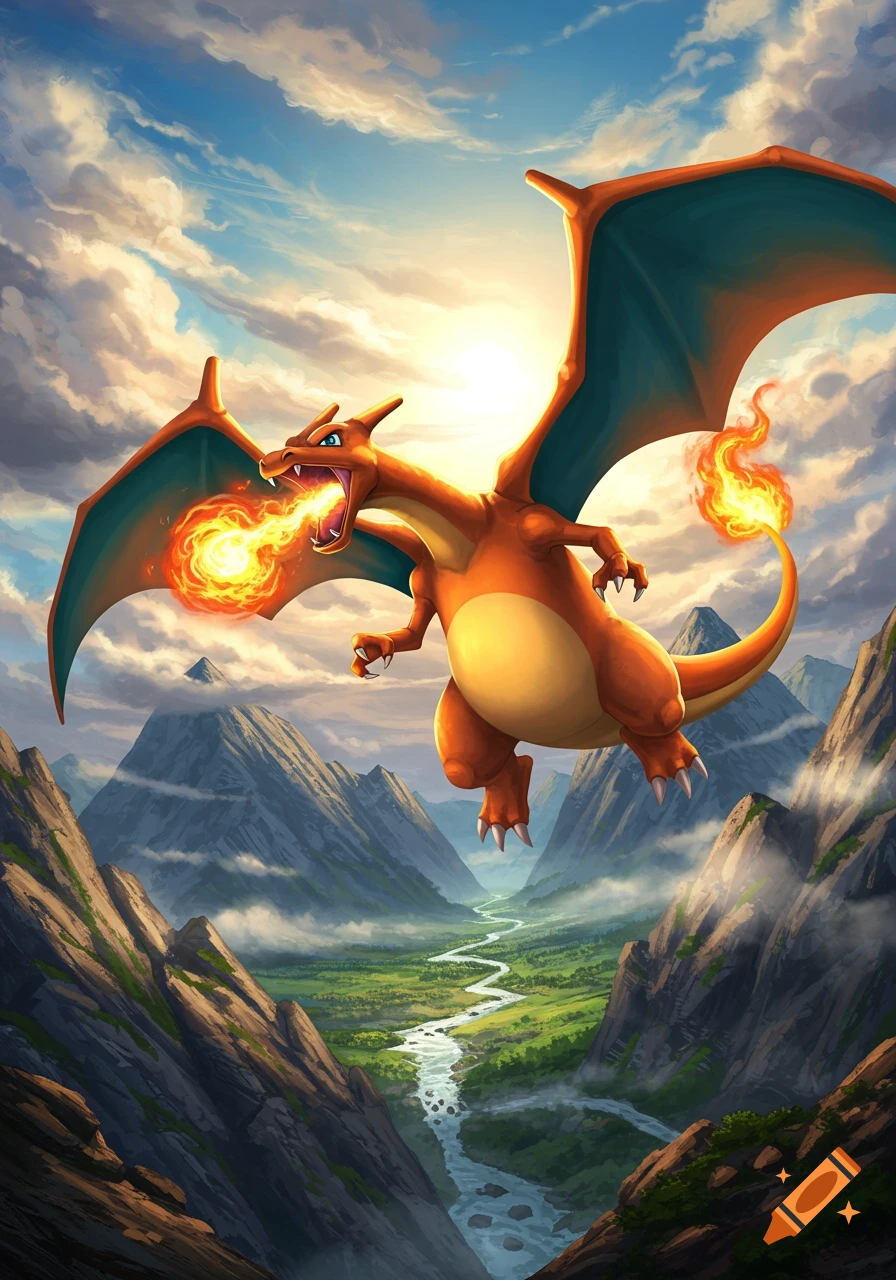 A realistic illustration of Charizard flying over a lush mountain valley, breathing fire, with the sun bright in the cloudy sky.