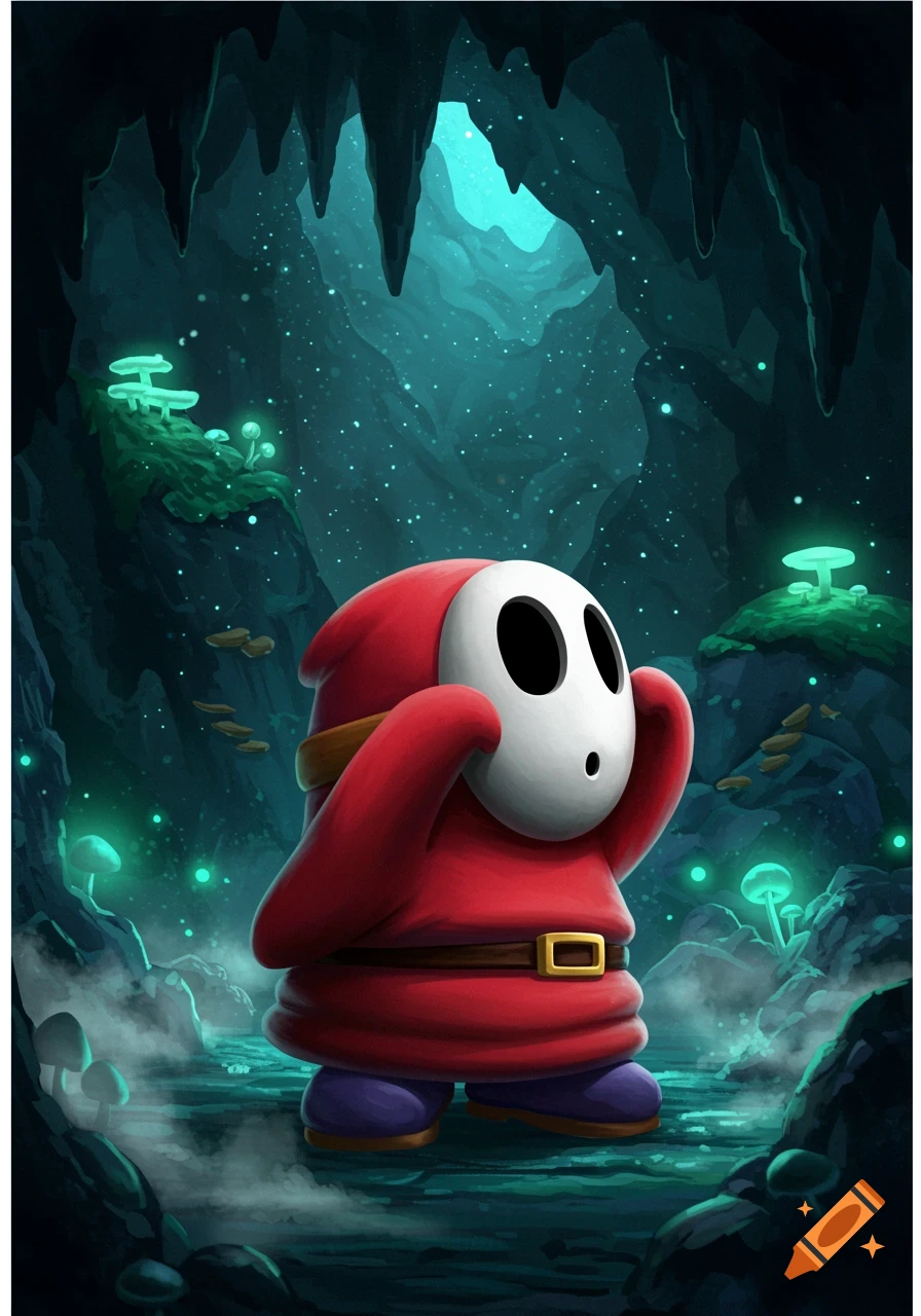 Shy Guy character in a mysterious, glowing cave filled with bioluminescent mushrooms.