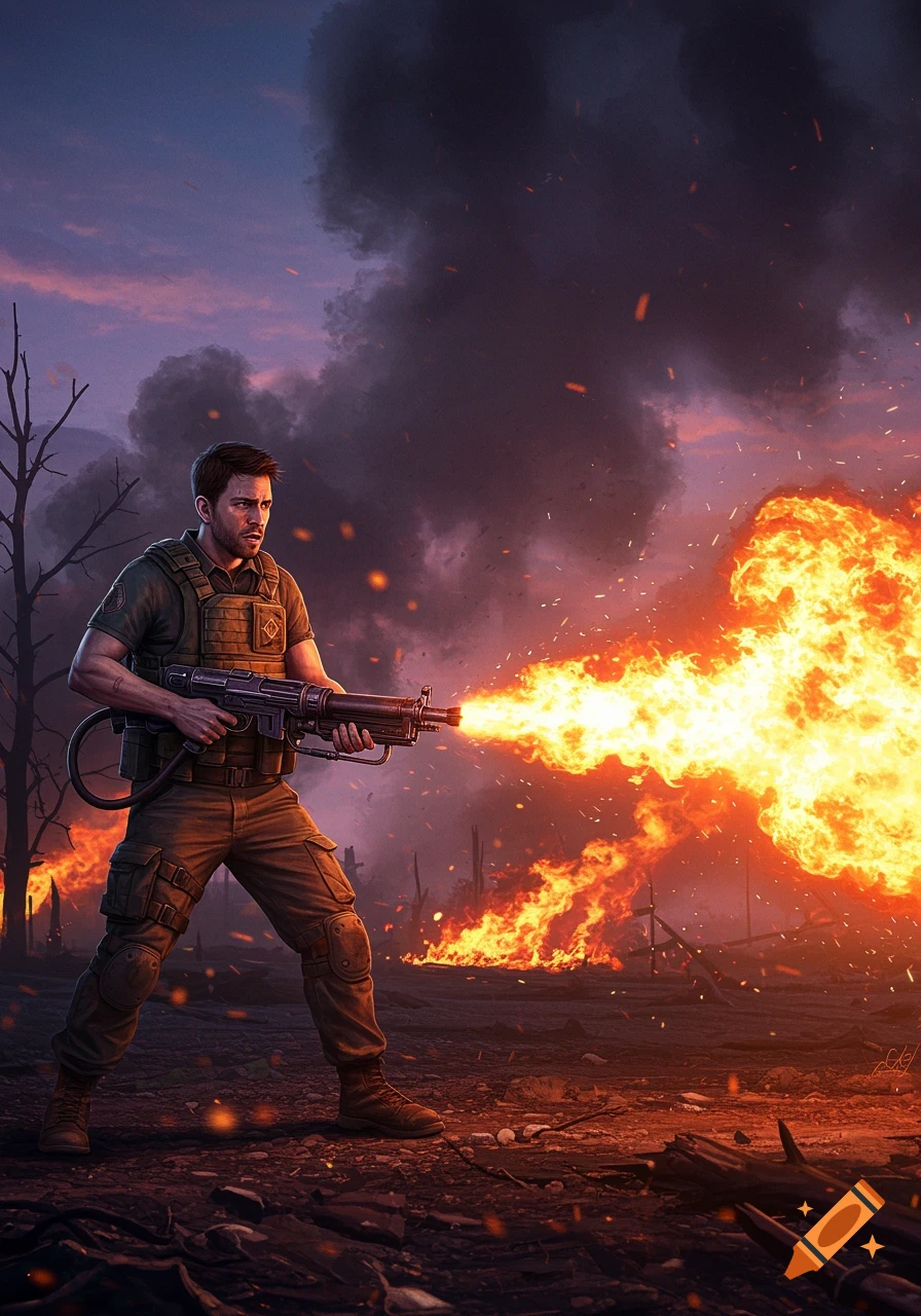 A male soldier fires a flamethrower across a desolate, burning battlefield at dusk, with smoke filling the sky.