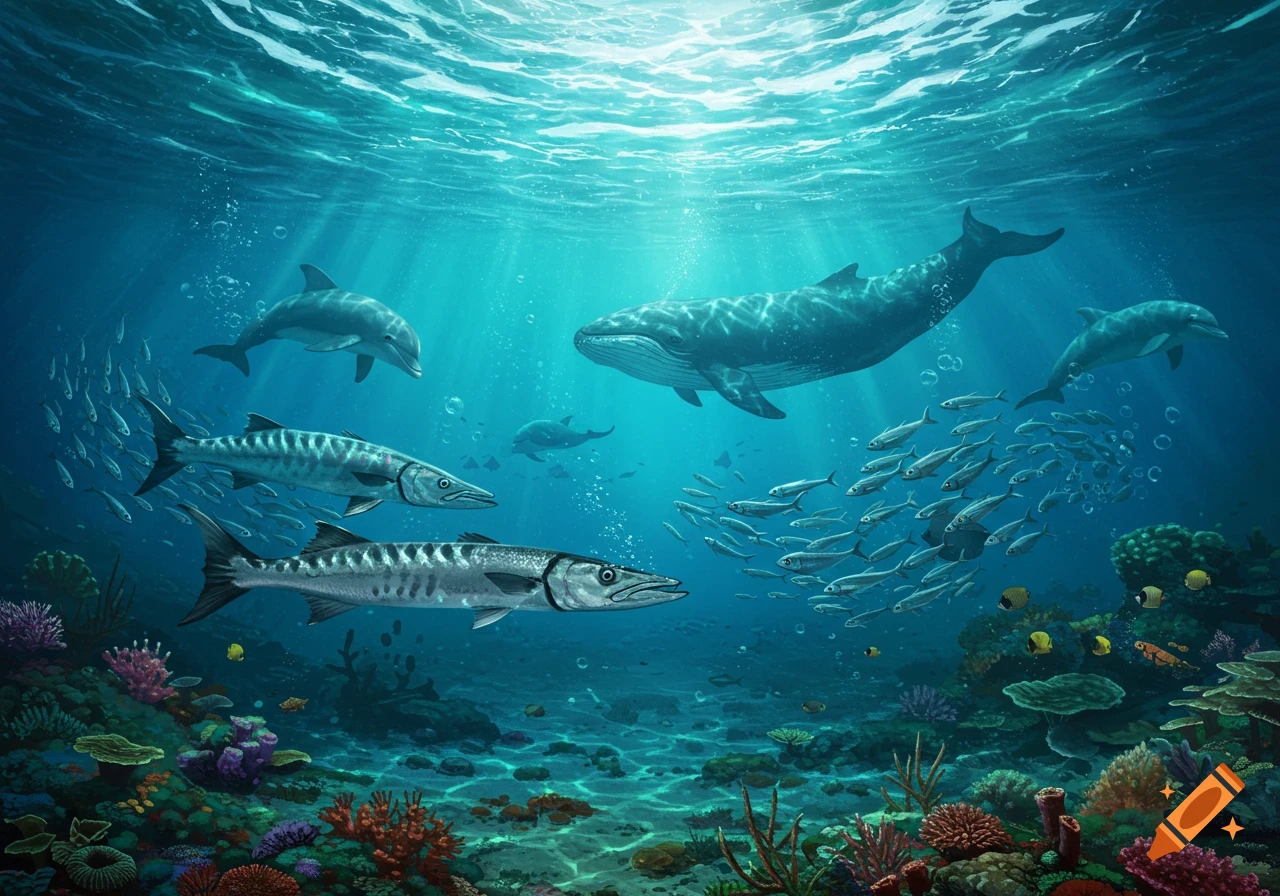 An illustration of diverse marine life in a vibrant coral reef, with a whale, dolphins, barracudas, and schools of fish swimming underwater.