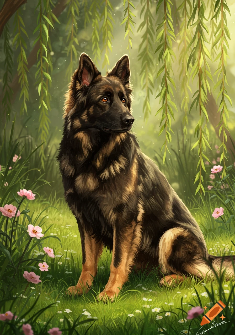 A sable-haired German Shepherd dog sits in a sunlit grassy field among pink flowers and hanging willow branches, looking to the right.