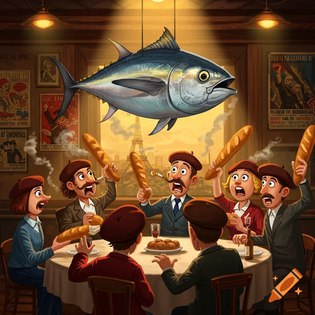 Cartoon French people in berets with baguettes react in surprise to a giant tuna fish floating above their restaurant table, with the Eiffel Tower in the background.