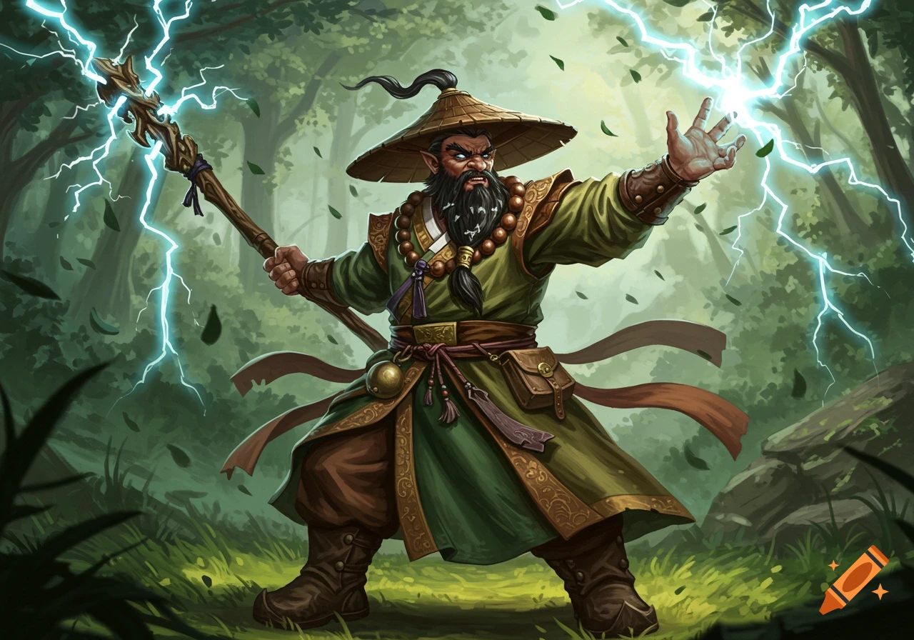A bearded fantasy dwarf in monk-druid attire conjures lightning from a staff in a vibrant forest.