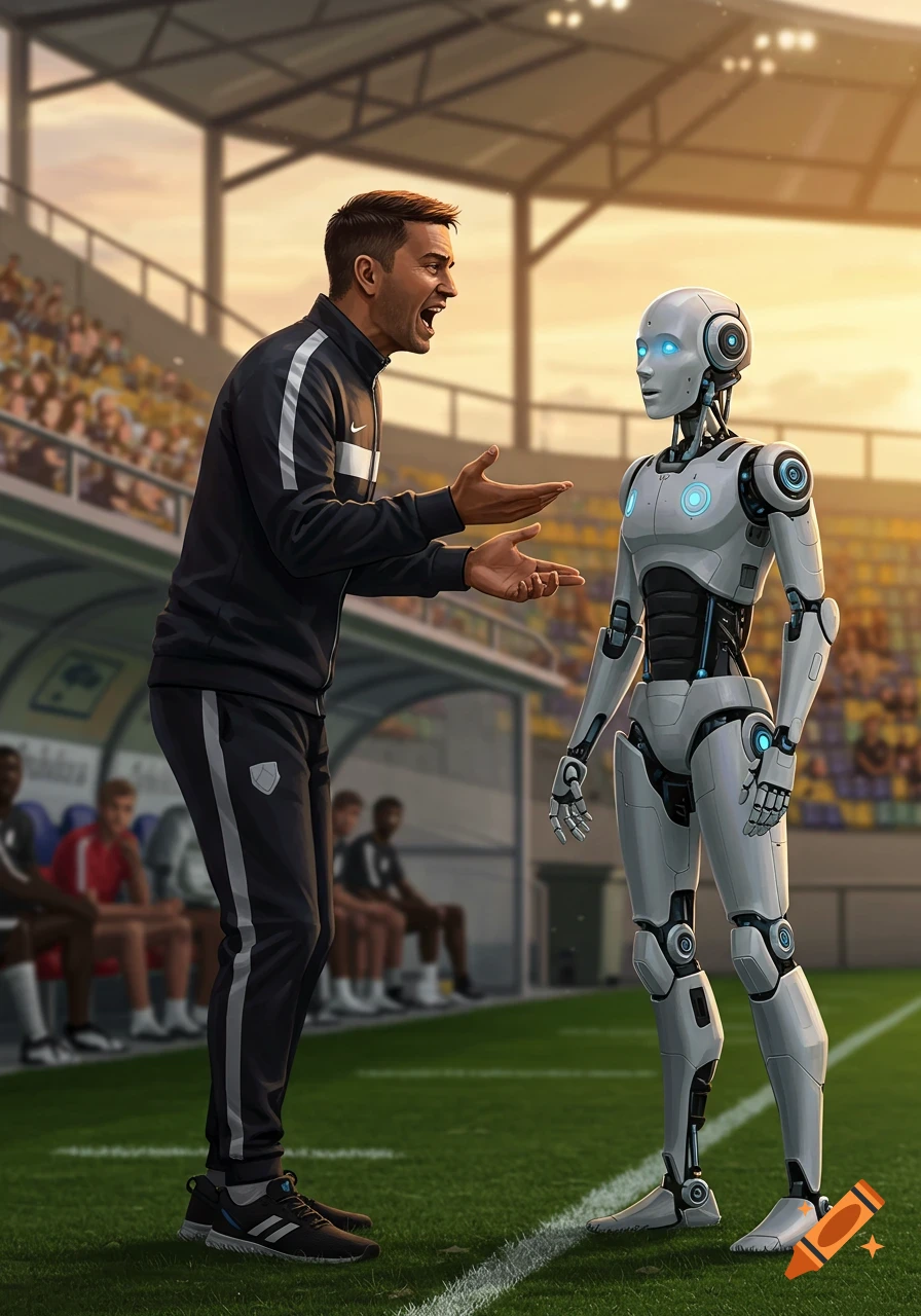 A male soccer coach, with mouth open and hands out, talks to a humanoid robot on a stadium soccer field at sunset.