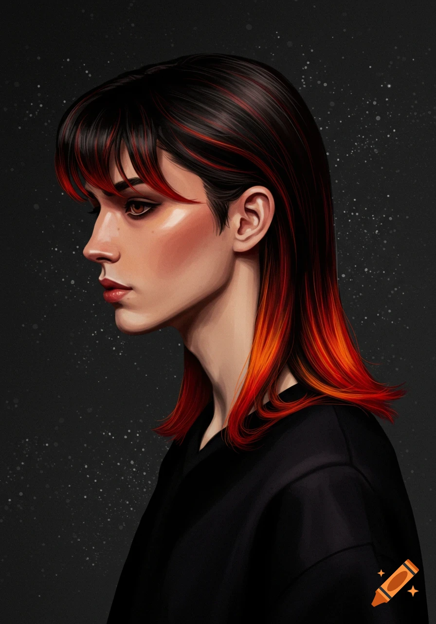 A stylized digital portrait of a person in side profile with dark hair and bright red and orange highlights, wearing a dark shirt.