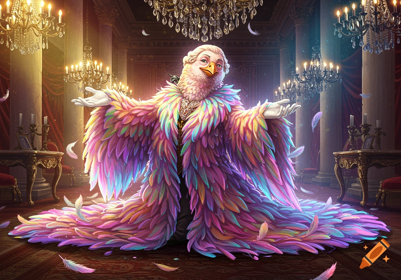 A flamboyant bird-person in an elaborate, colorful feathered coat stands in a grand, ornate hall with chandeliers, extending its arms in a welcoming gesture.