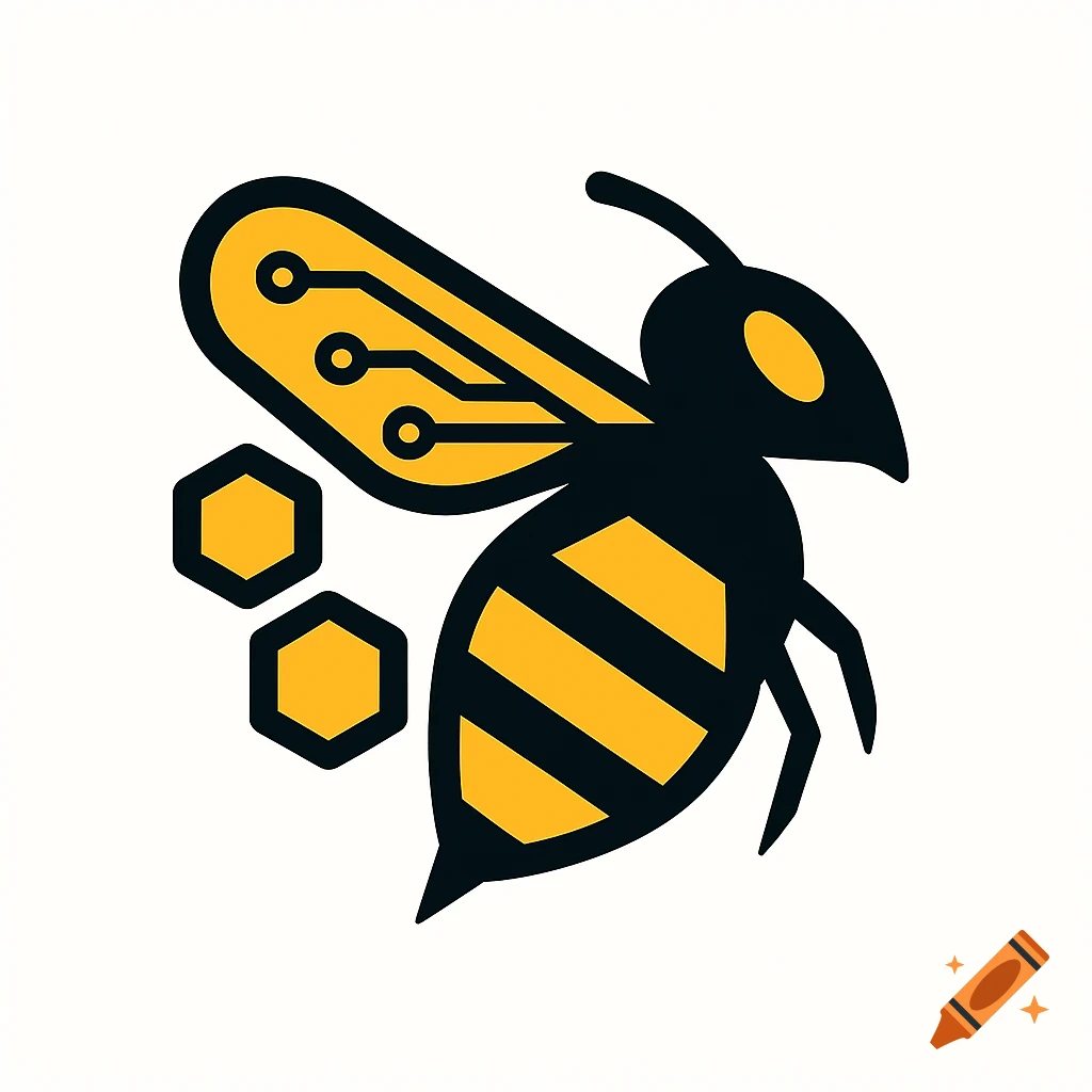A stylized black and yellow bee logo with a circuit board design on its wing, next to two honeycombs, on a white background.