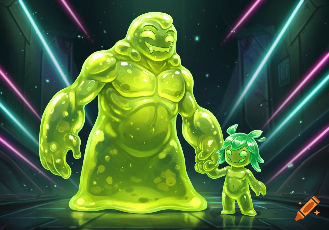 A large, muscular green slime creature, Zac, holding hands with a smaller, child-like green slime creature in a dark room with neon lights.