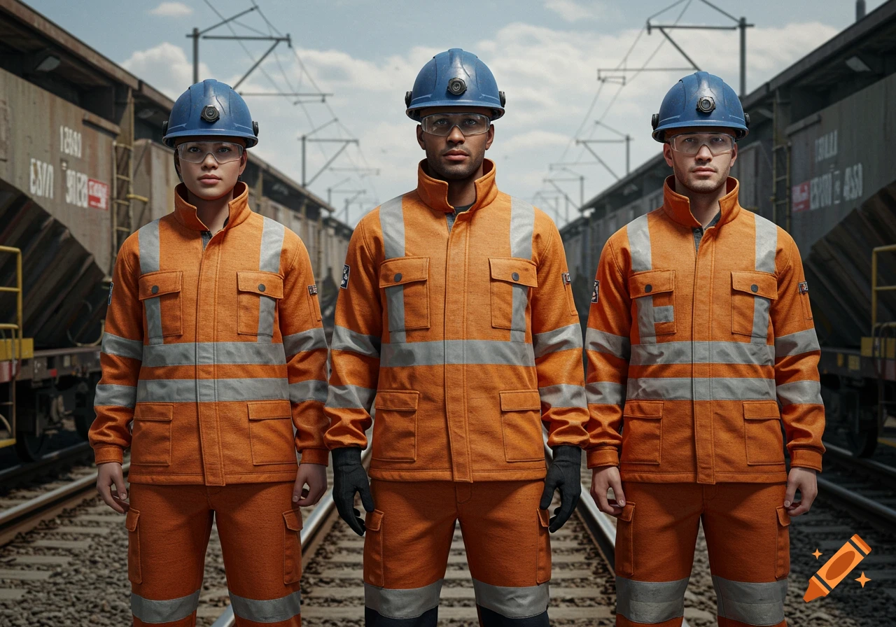 Three diverse railway workers in orange safety gear and blue helmets stand on train tracks with train cars in background. Photorealistic.