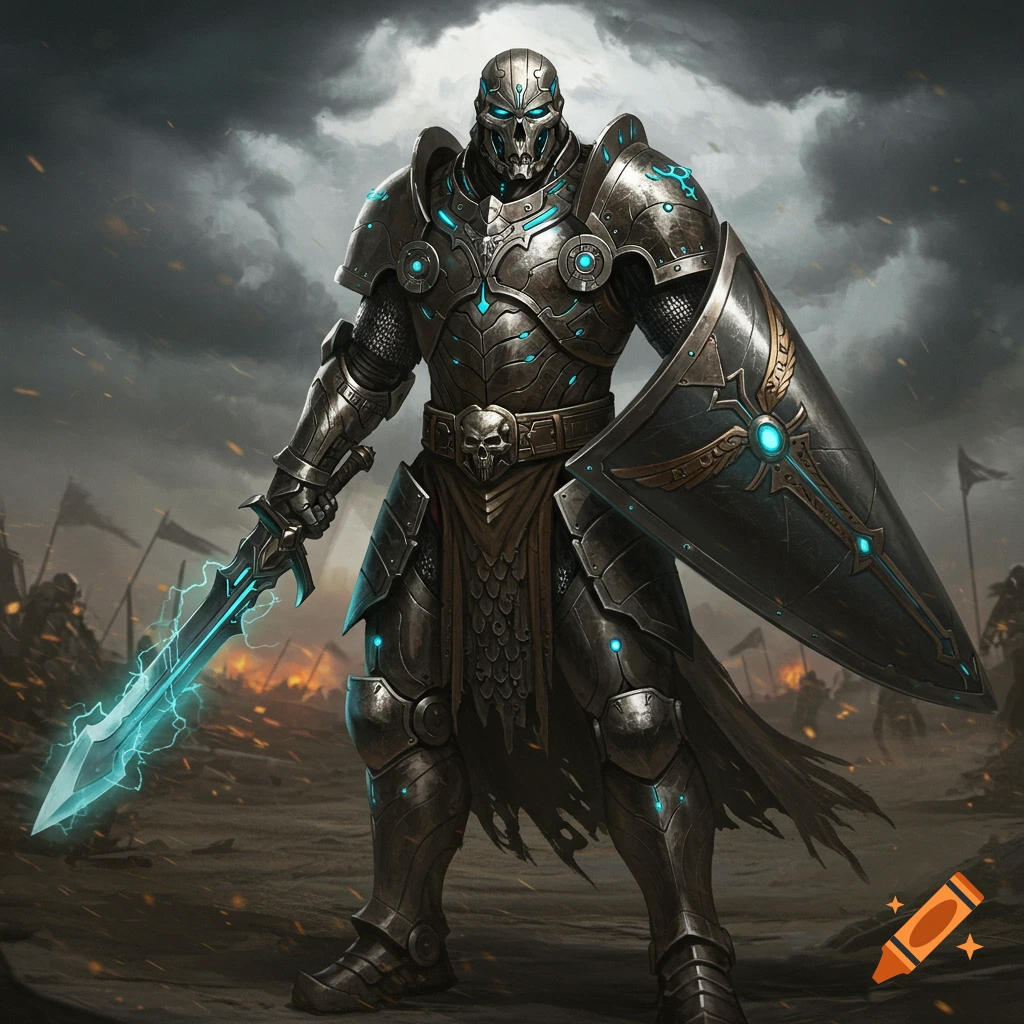 A powerful warrior in dark, futuristic armor with a skull faceplate and glowing blue accents stands with a luminous sword and shield on a battlefield.