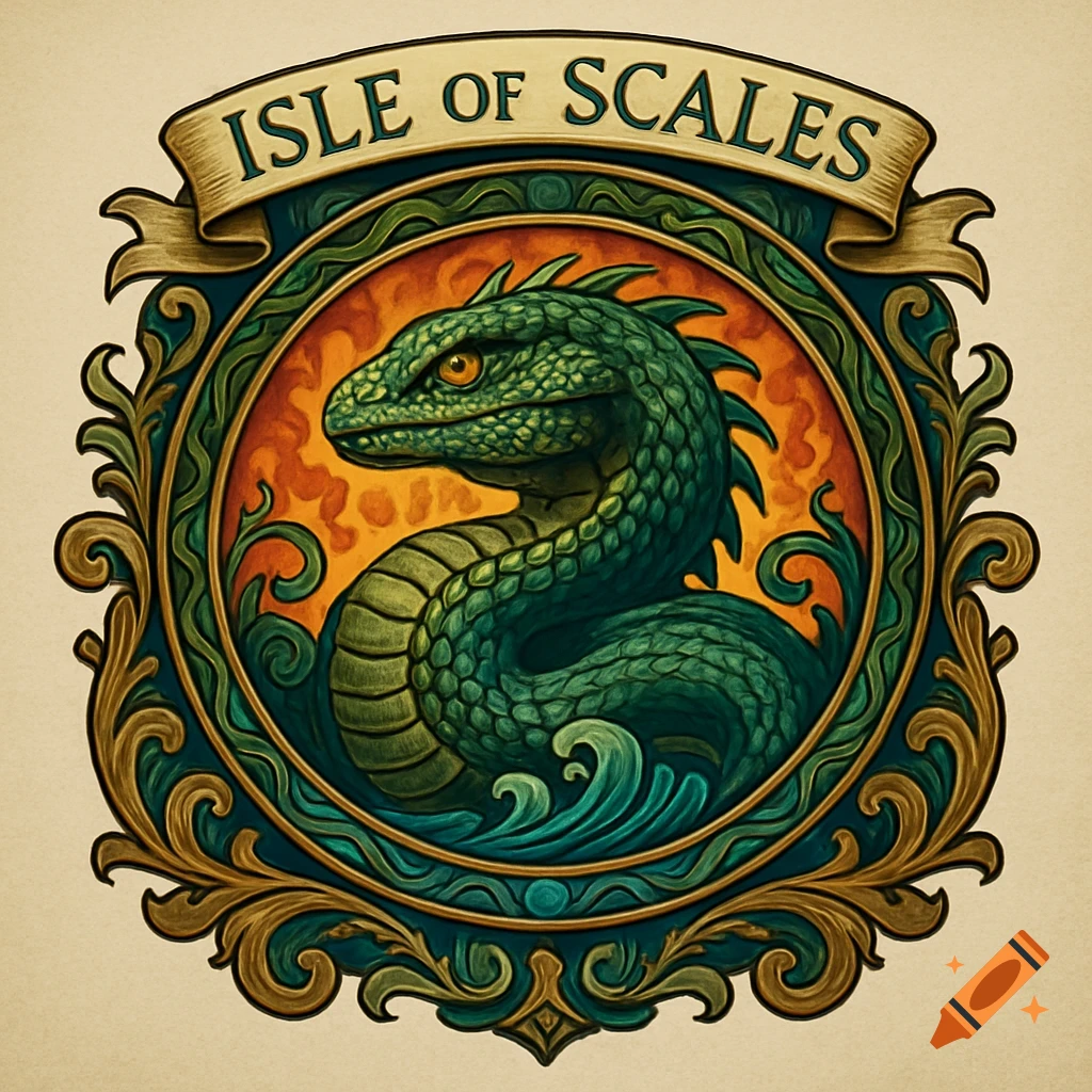 An ornate fantasy crest featuring a green scaly dragon-like creature within a circular frame of gold and teal filigree, topped by a banner reading "ISLE OF SCALES".