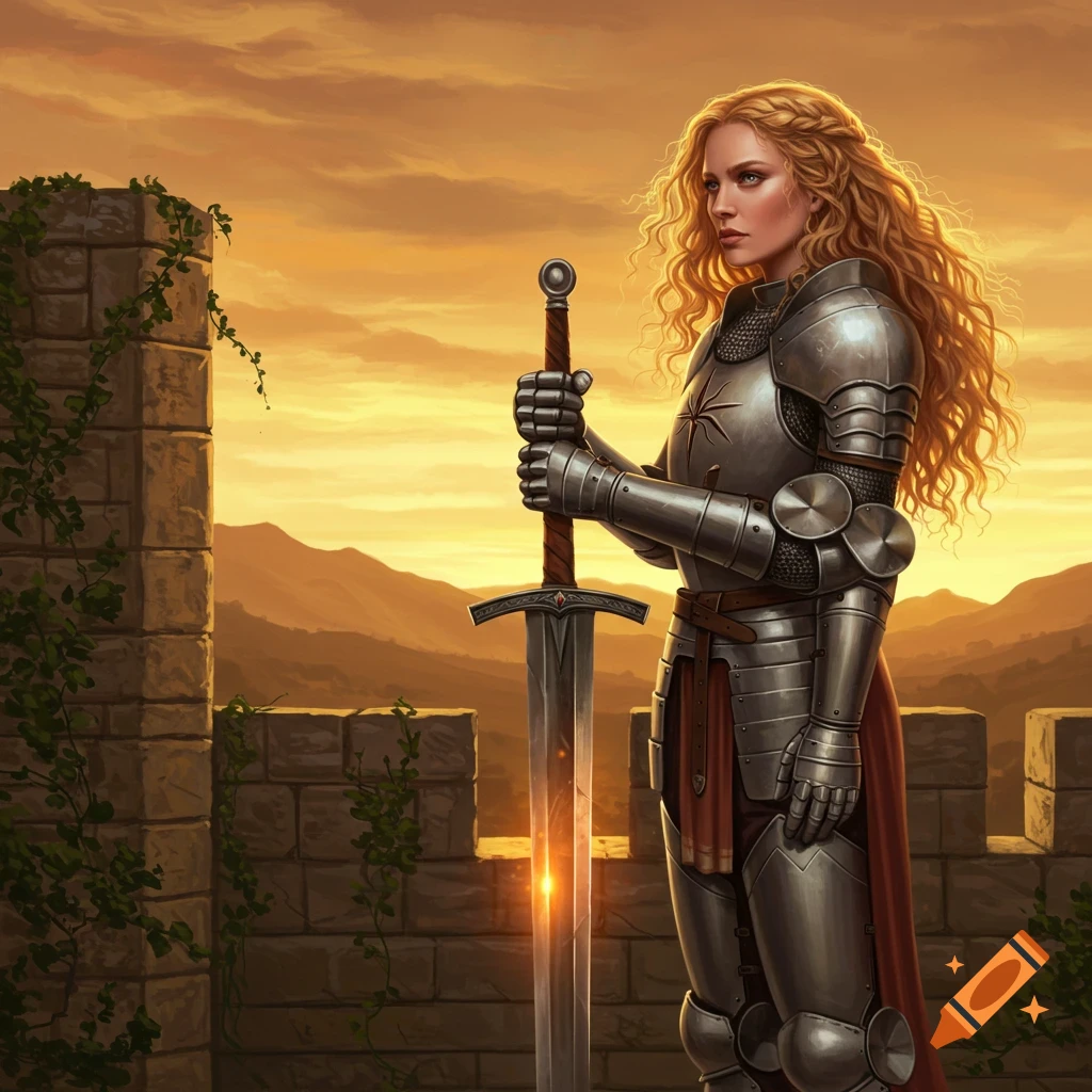 A medieval woman with long curly blonde hair wearing full plate armor holds a large sword on castle battlements at sunset.