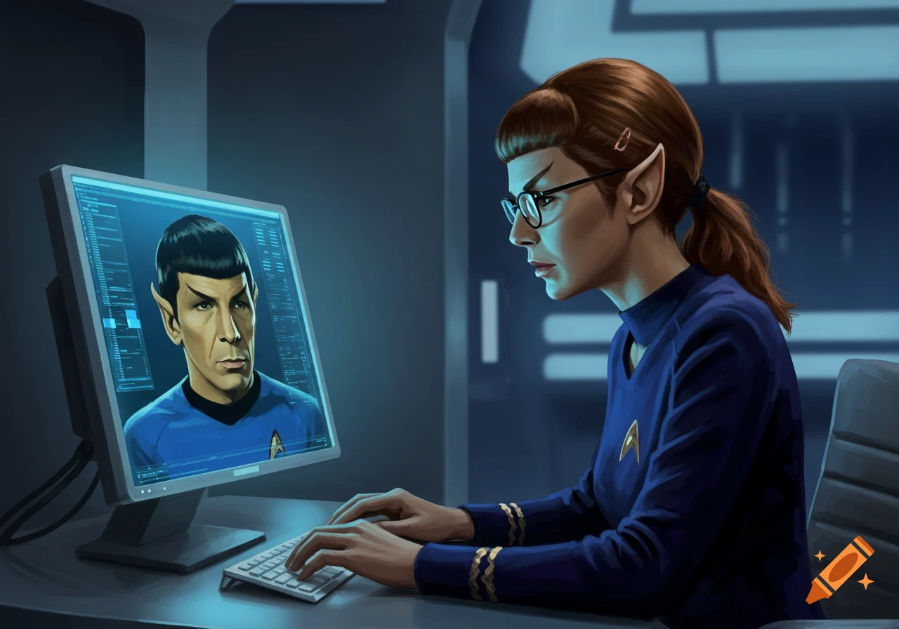 A female Vulcan in a blue Starfleet uniform and glasses types at a computer showing Spock's face, in a sci-fi setting.