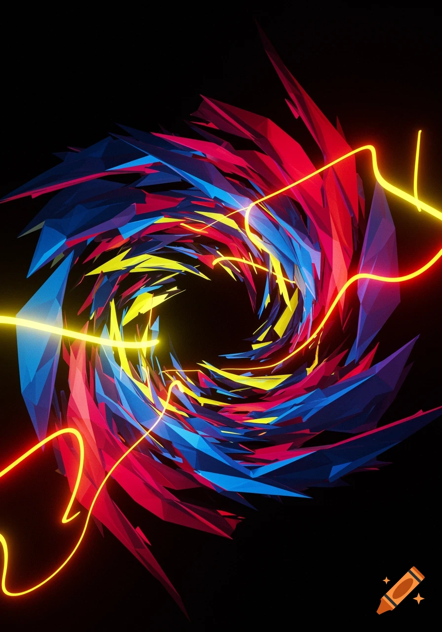 Abstract swirling vortex of red, blue, and yellow geometric shards with glowing yellow lines on a black background.